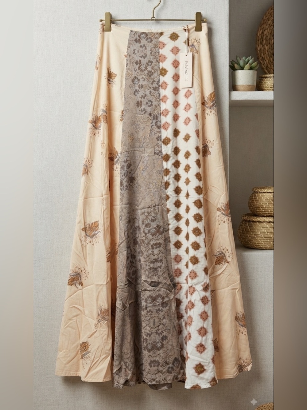 Free People Patchwork Maxi Skirt in Peach, Taupe and Cream